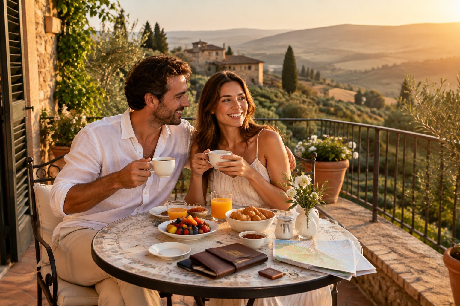A newlywed couple shares breakfast on a hotel terrace overlooking the Tuscan countryside.