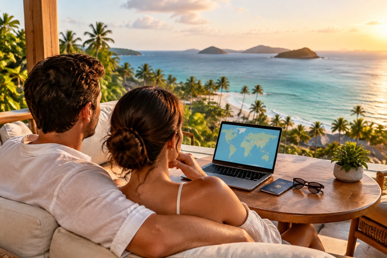 A newlywed couple views a tropical coastline from a resort terrace.
