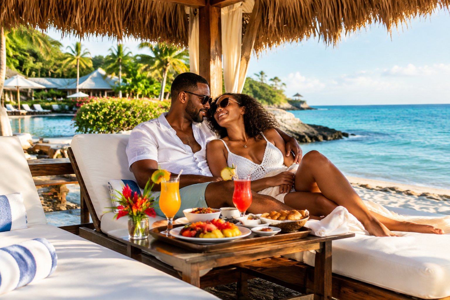 A newlywed couple relaxes beneath a beach cabana at a Jamaican resort.
