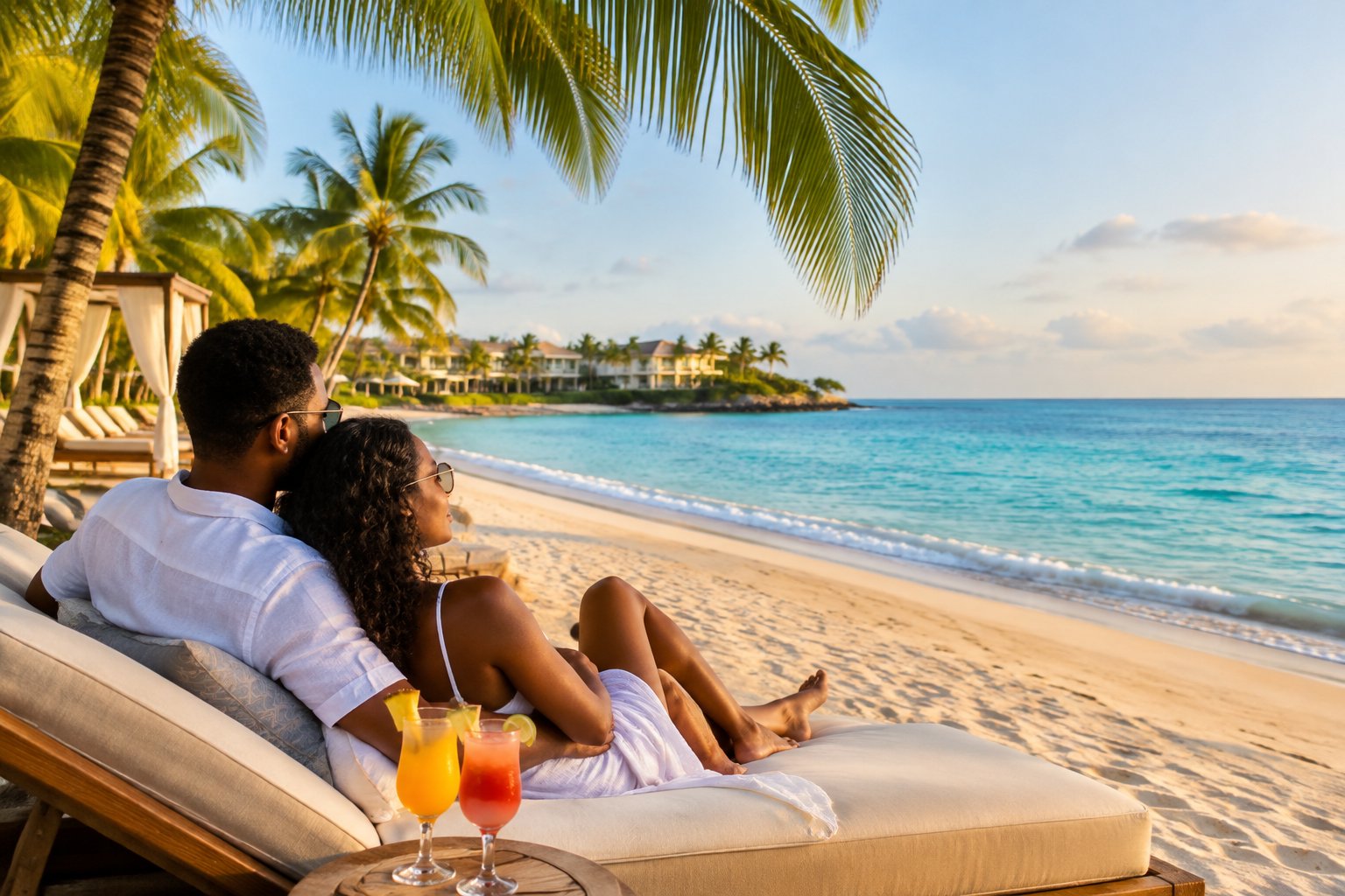 A newlywed couple relaxes together on a Jamaican beach beside a tropical resort.