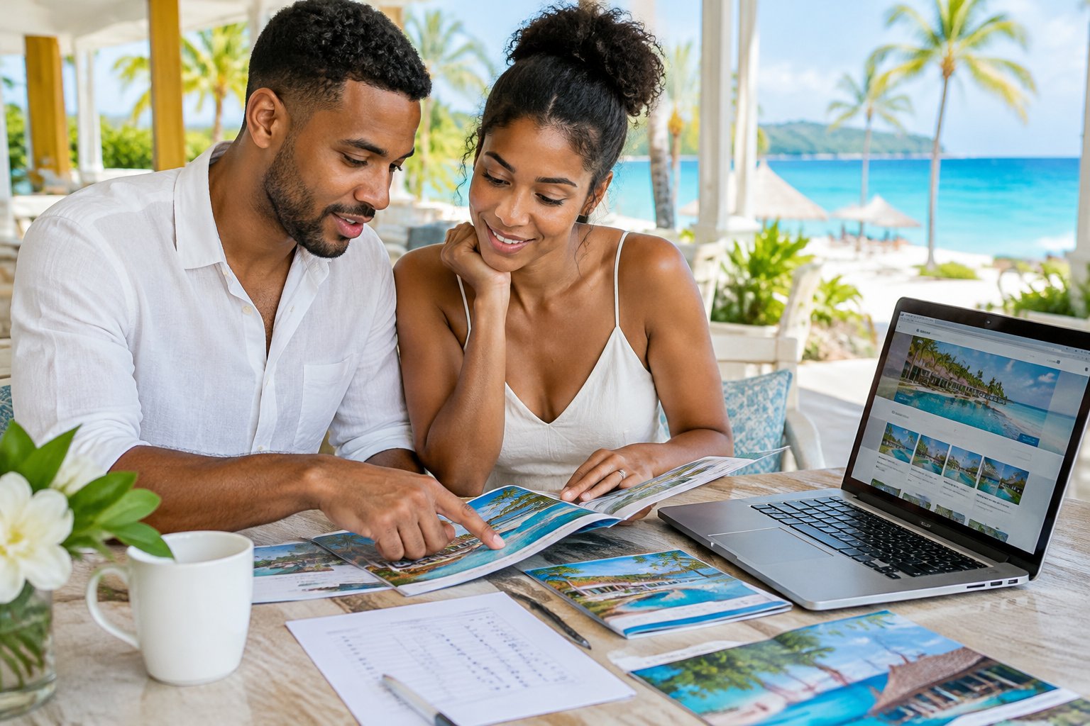 A couple reviews resort brochures and a price sheet at a table overlooking a tropical beach.