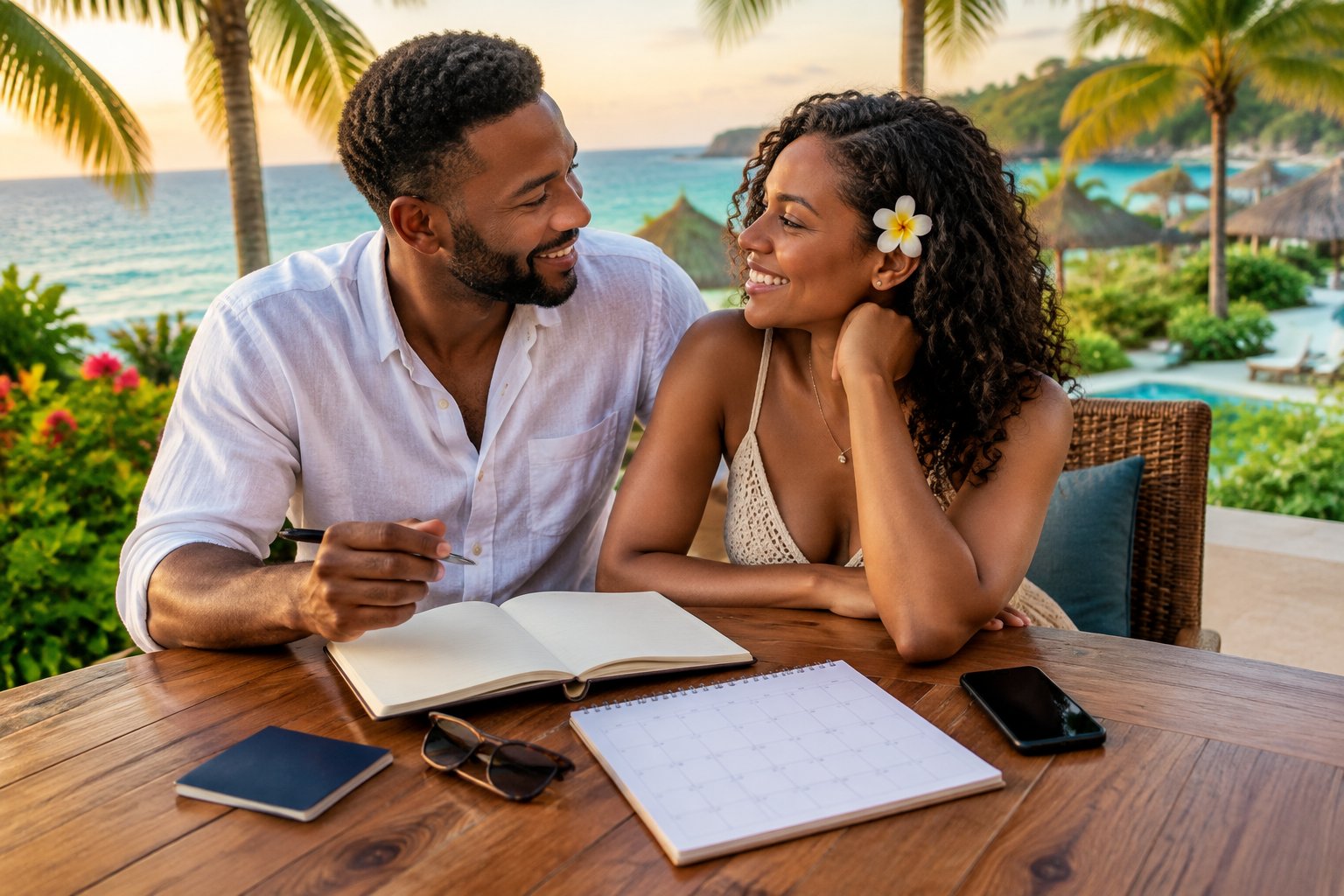A newlywed couple plans a tropical resort honeymoon together at a table beside the beach.