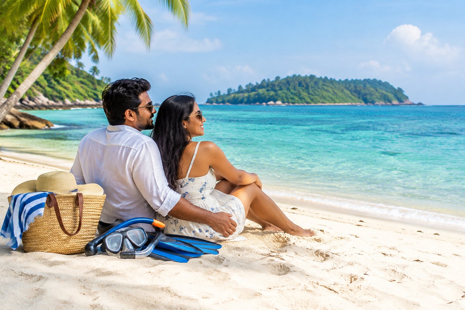 A couple relaxes together on a tropical beach beside turquoise water.