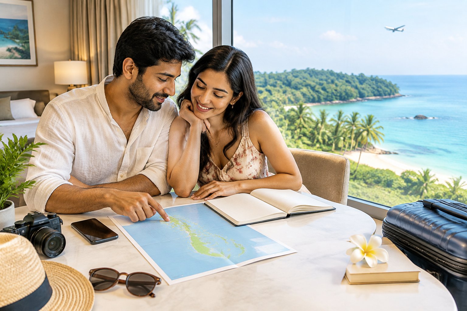 A couple plans a tropical island honeymoon together at a table.
