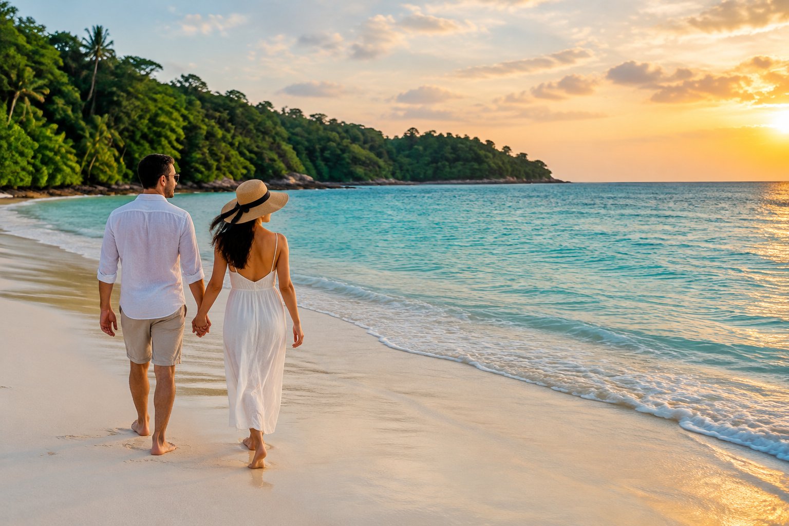 A couple walks hand in hand along a tropical beach in the Andaman Islands.