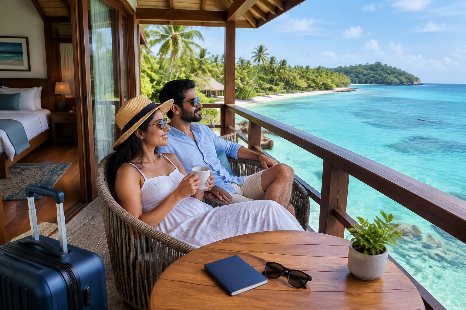 A newlywed couple relaxes on a resort balcony overlooking a tropical beach.