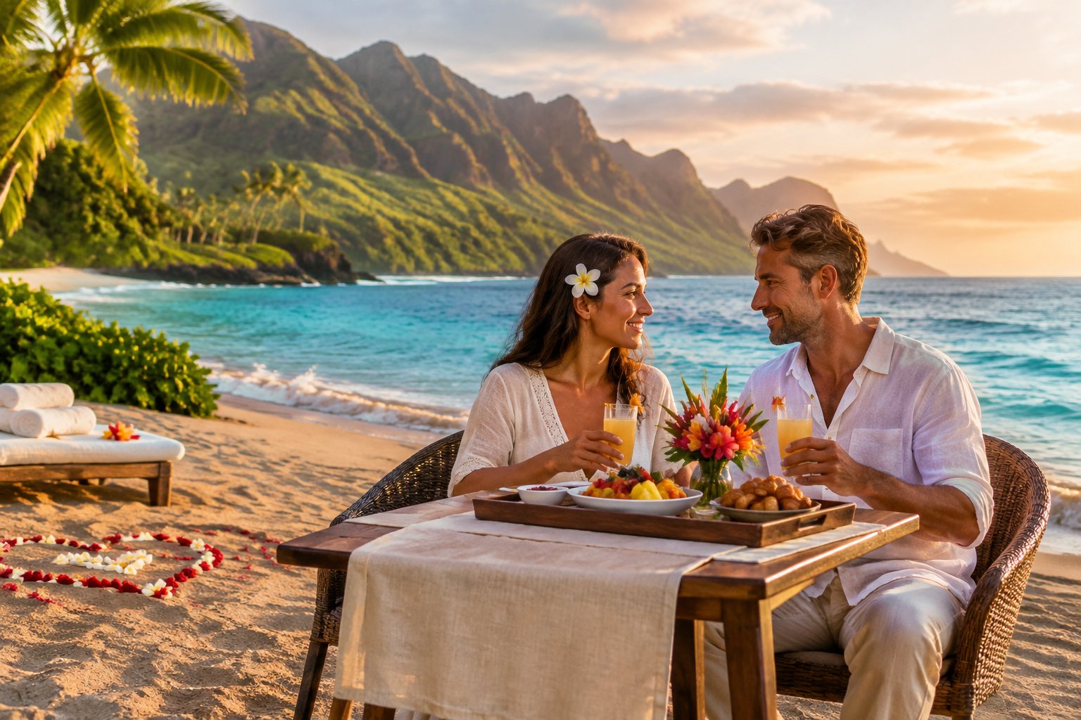 A couple enjoys a romantic beachside breakfast on Kauai.