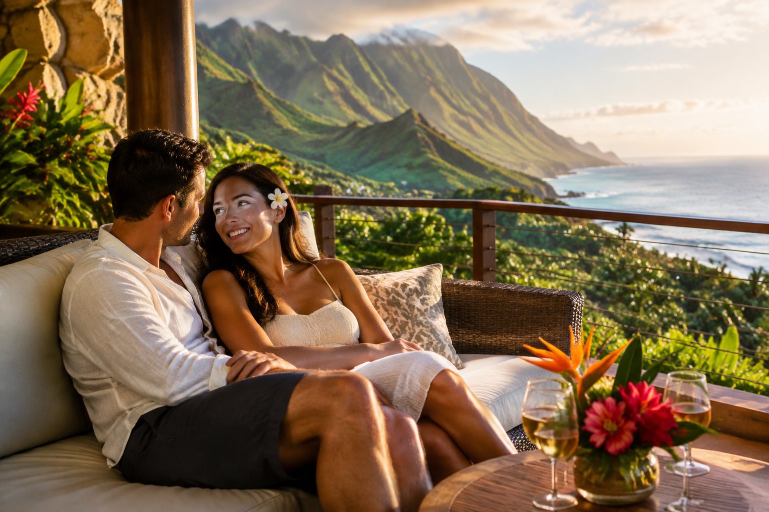 A couple relaxes on a resort lanai overlooking Kauai’s lush coast and the ocean.