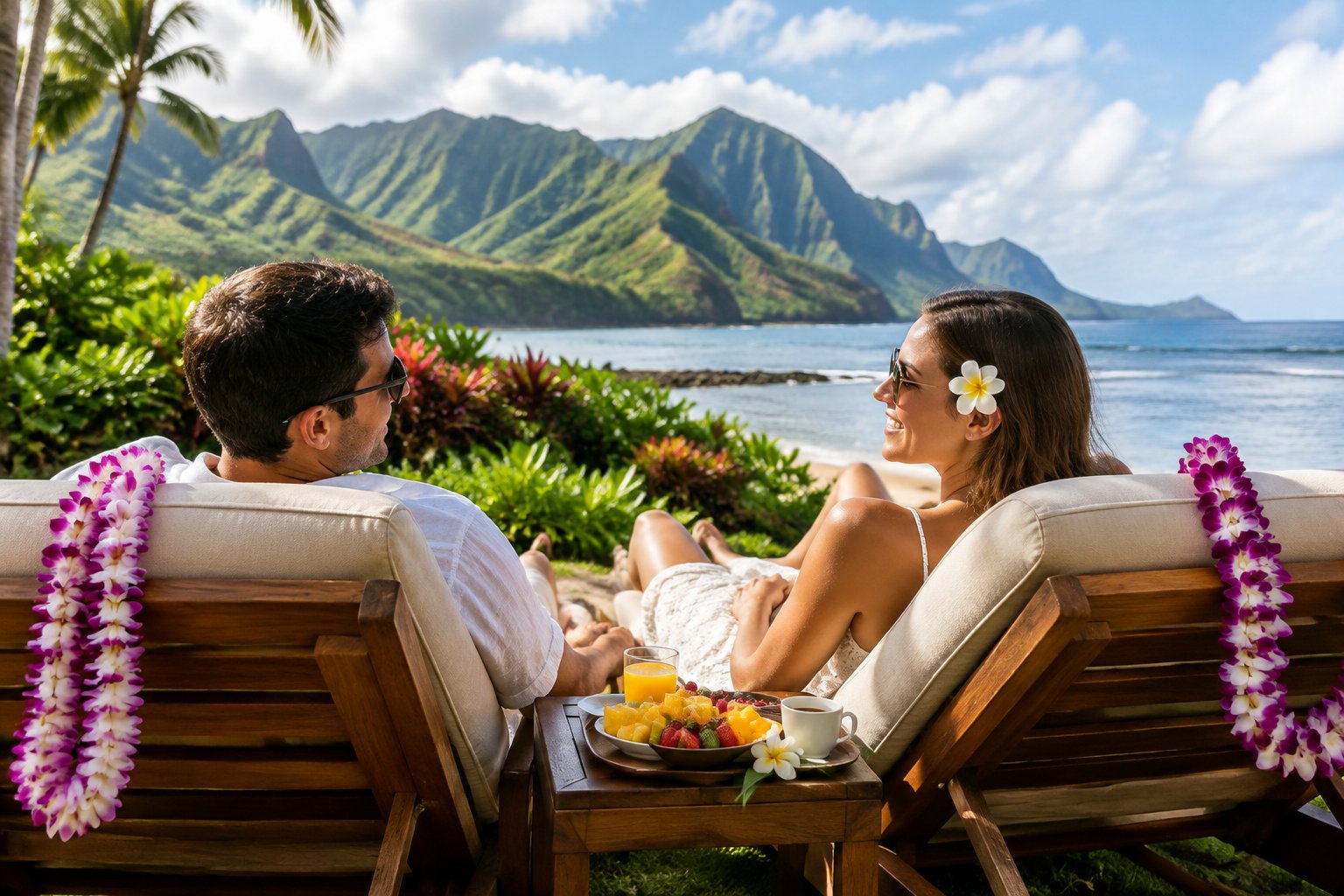 A newlywed couple relaxes at a Kauai beachfront resort with tropical mountains and the ocean behind them.