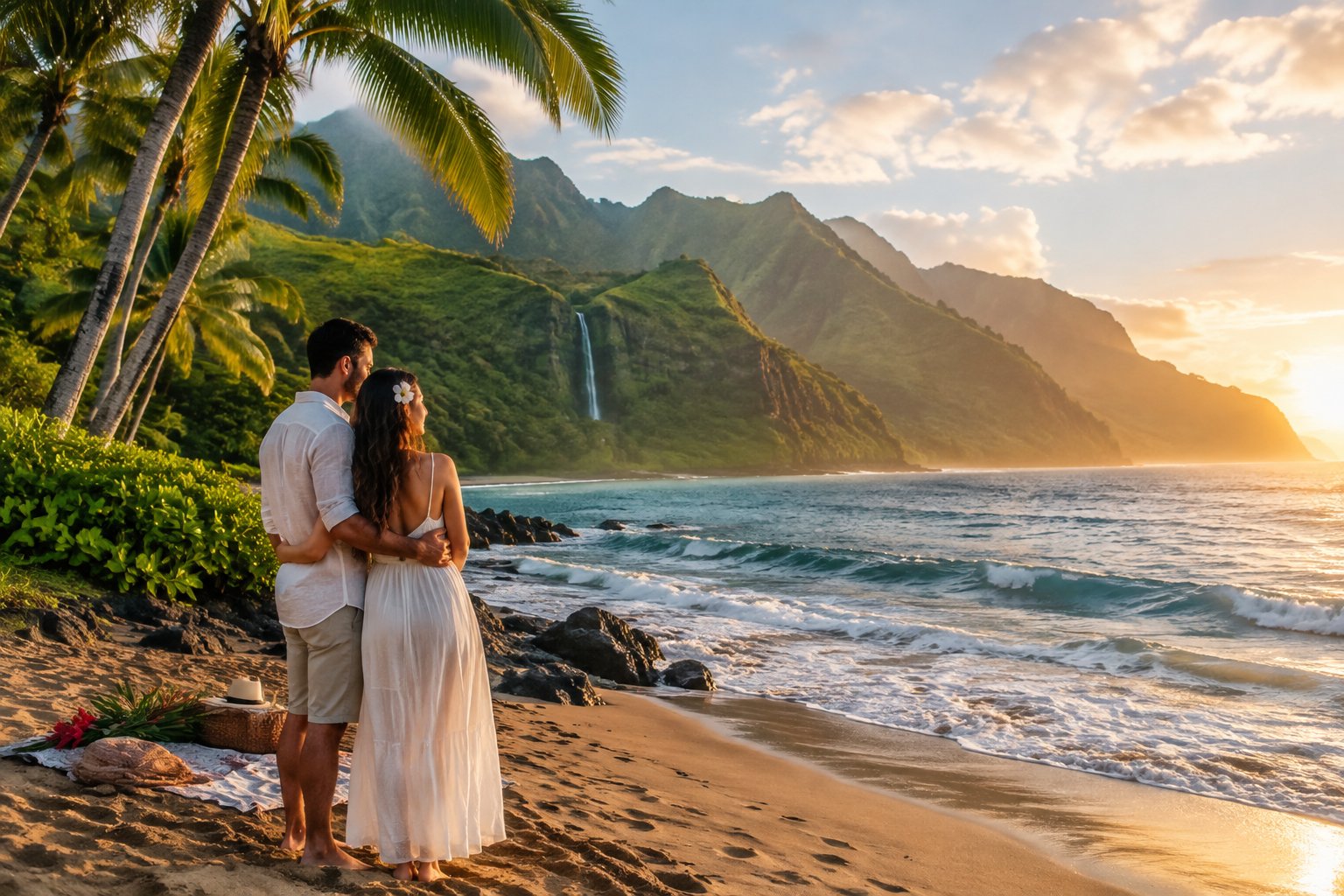 A couple stands together on a tropical beach with Kauai’s green mountains in the distance.