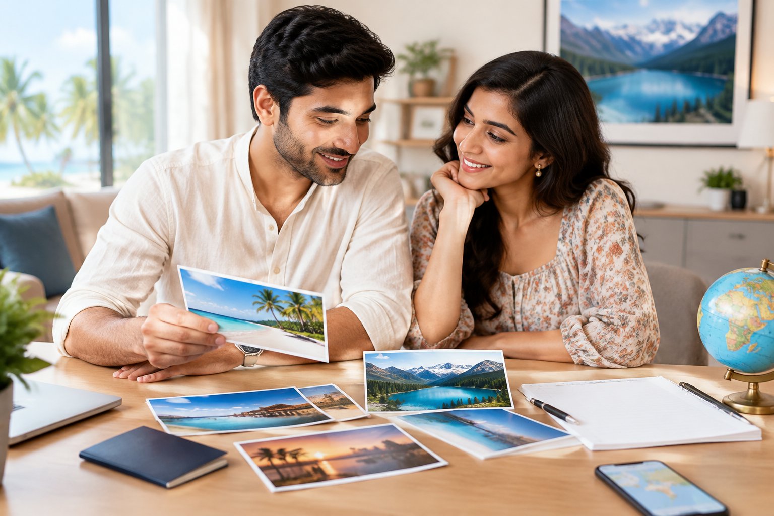 An Indian couple compares travel options together at a desk.