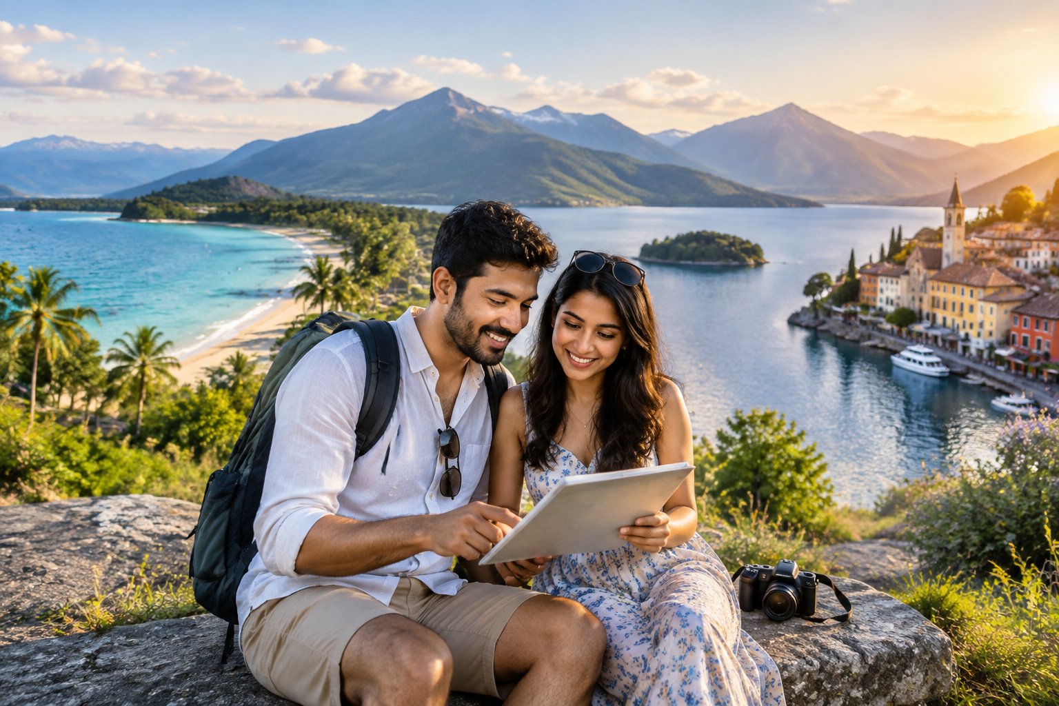 A couple looks out over a scenic landscape with a beach, mountains, and a waterfront village.