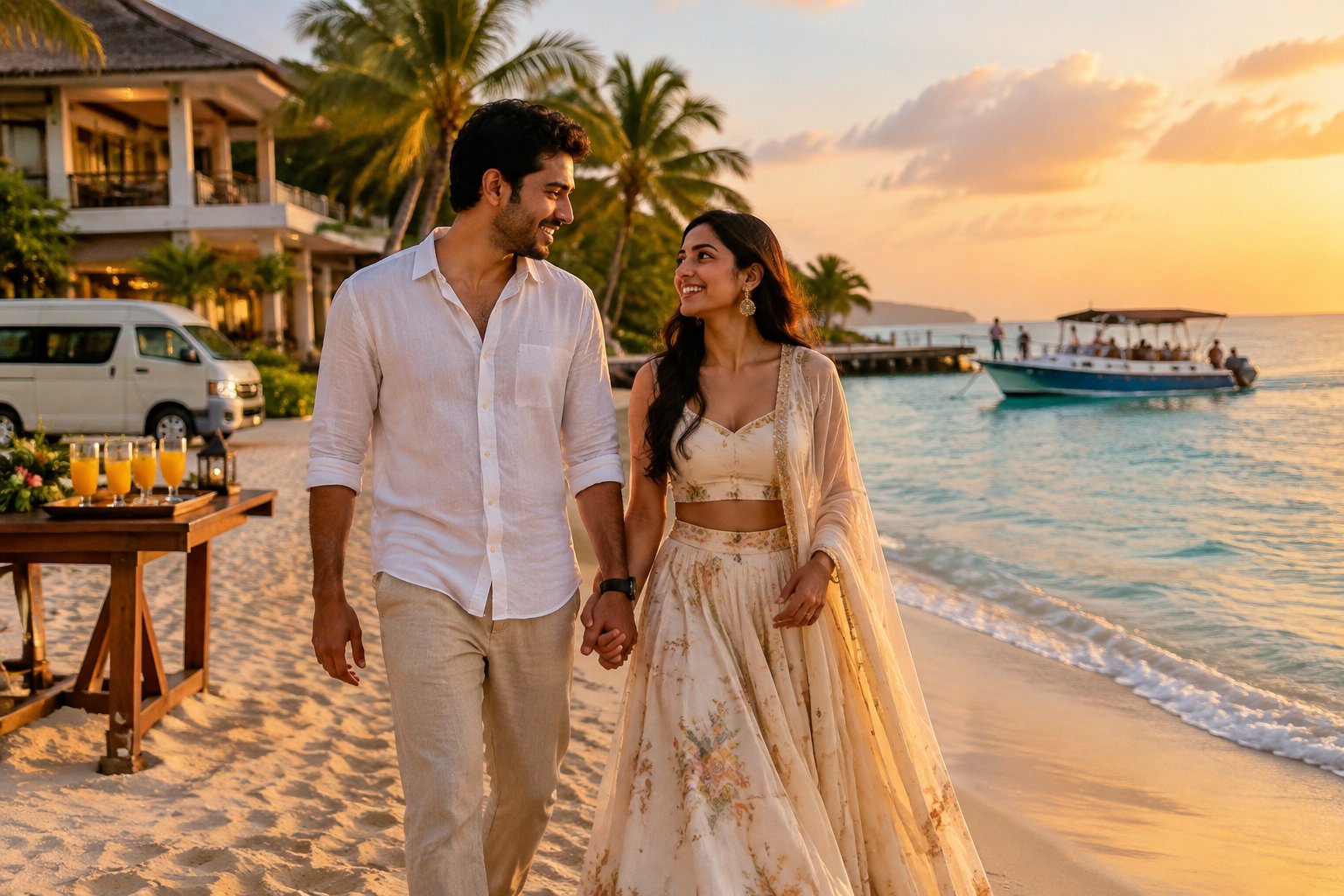 A newlywed Indian couple strolls beside the sea at a tropical resort.