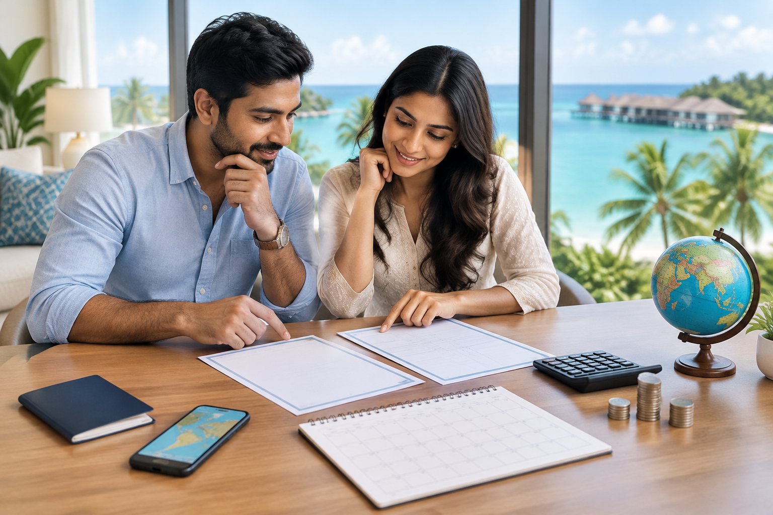 A couple compares travel plans at a desk beside a window overlooking a tropical beach.