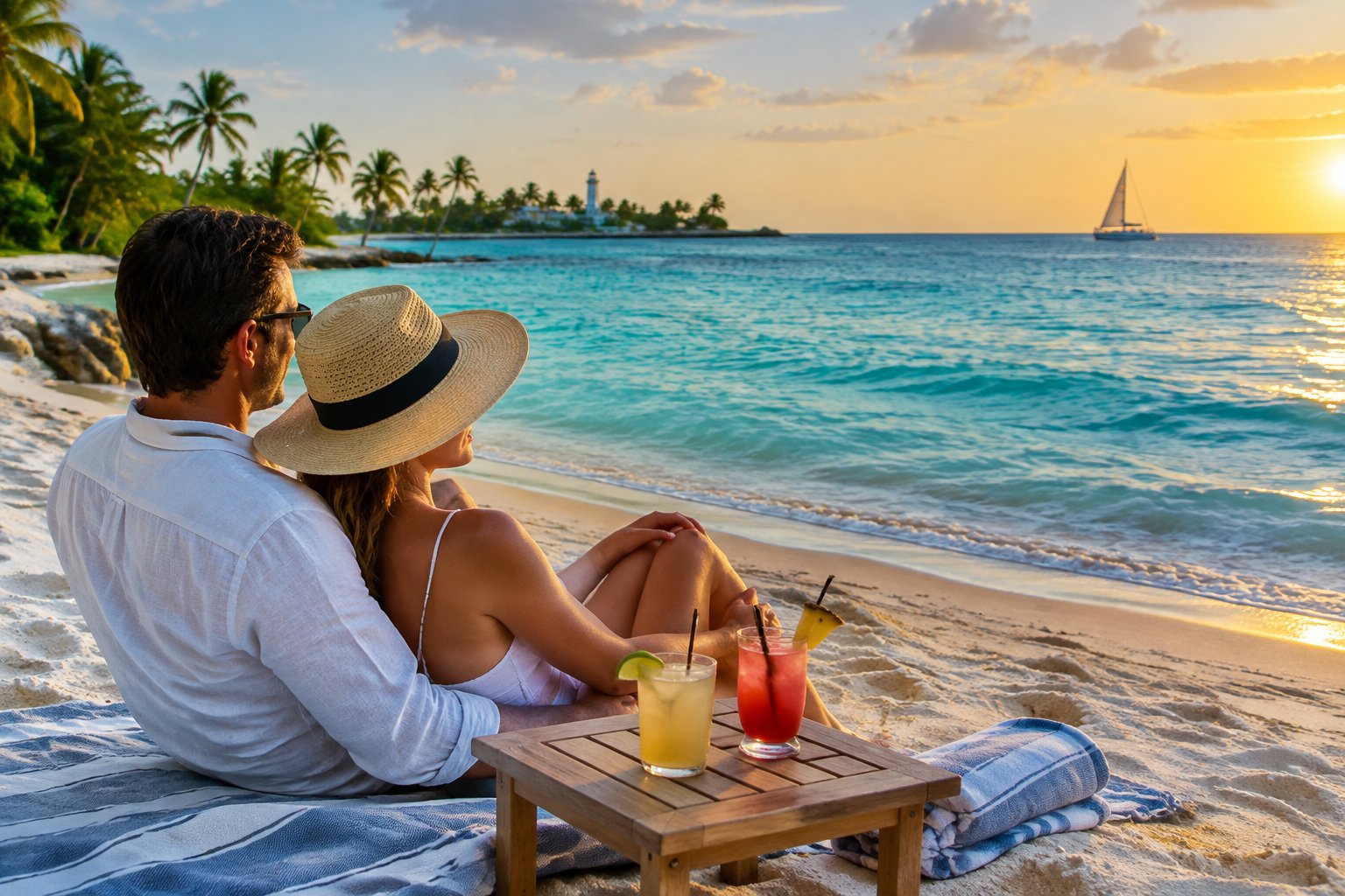 A newlywed couple relaxes together on a sandy beach beside turquoise water.