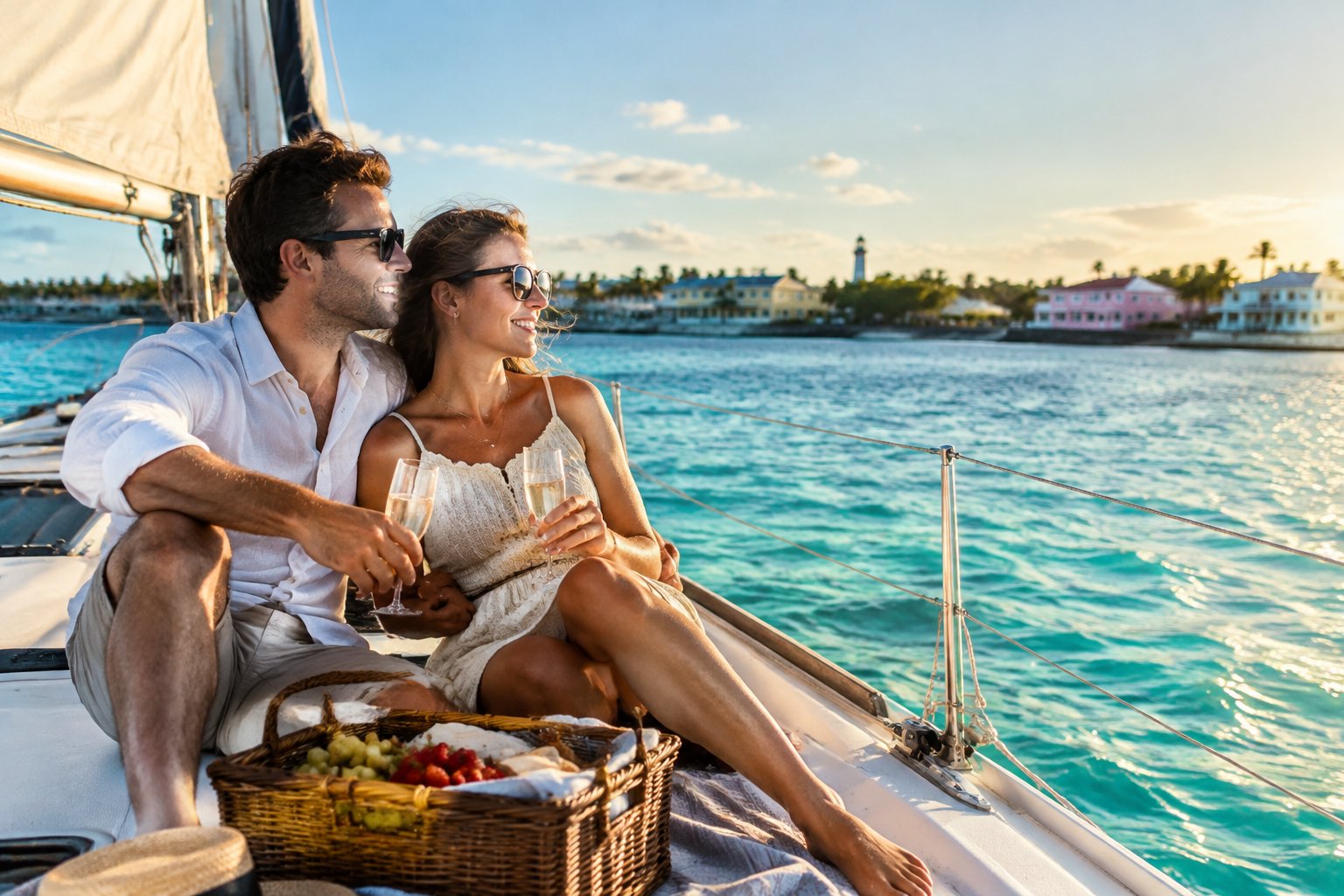 A couple relaxes together on a sailboat near the Key West shoreline.
