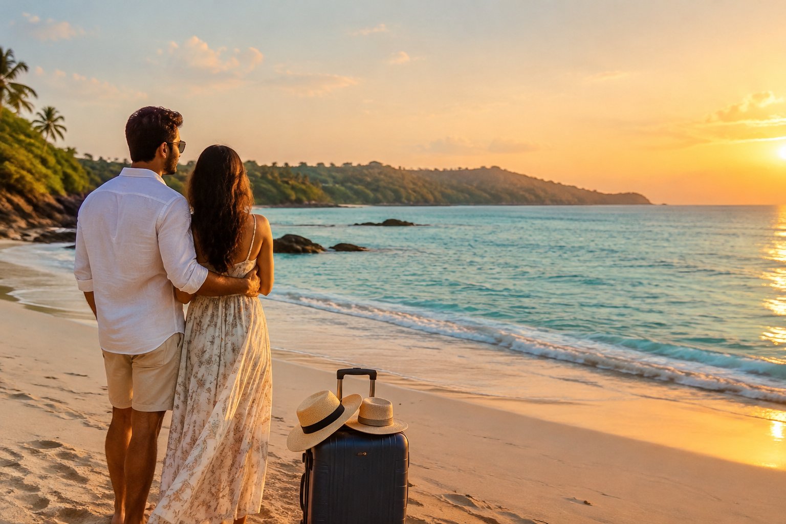 A newlywed couple stands together on a tropical beach, looking out toward the coastline.