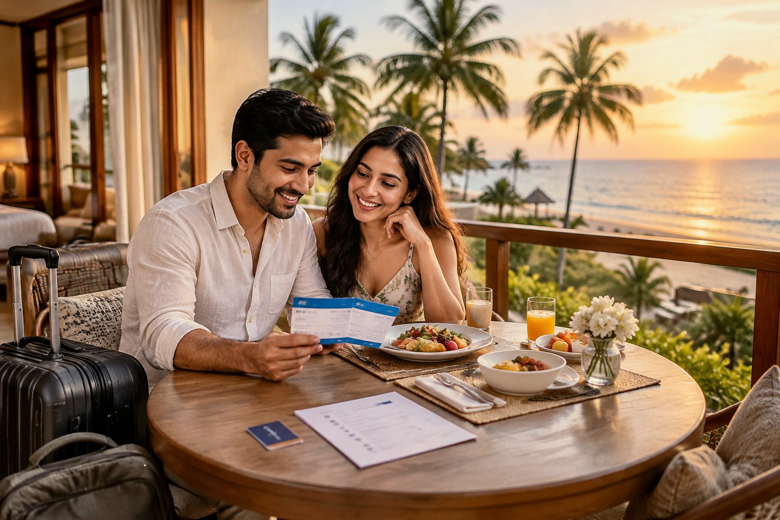 A newlywed couple reviews travel items on a resort balcony overlooking a tropical beach.