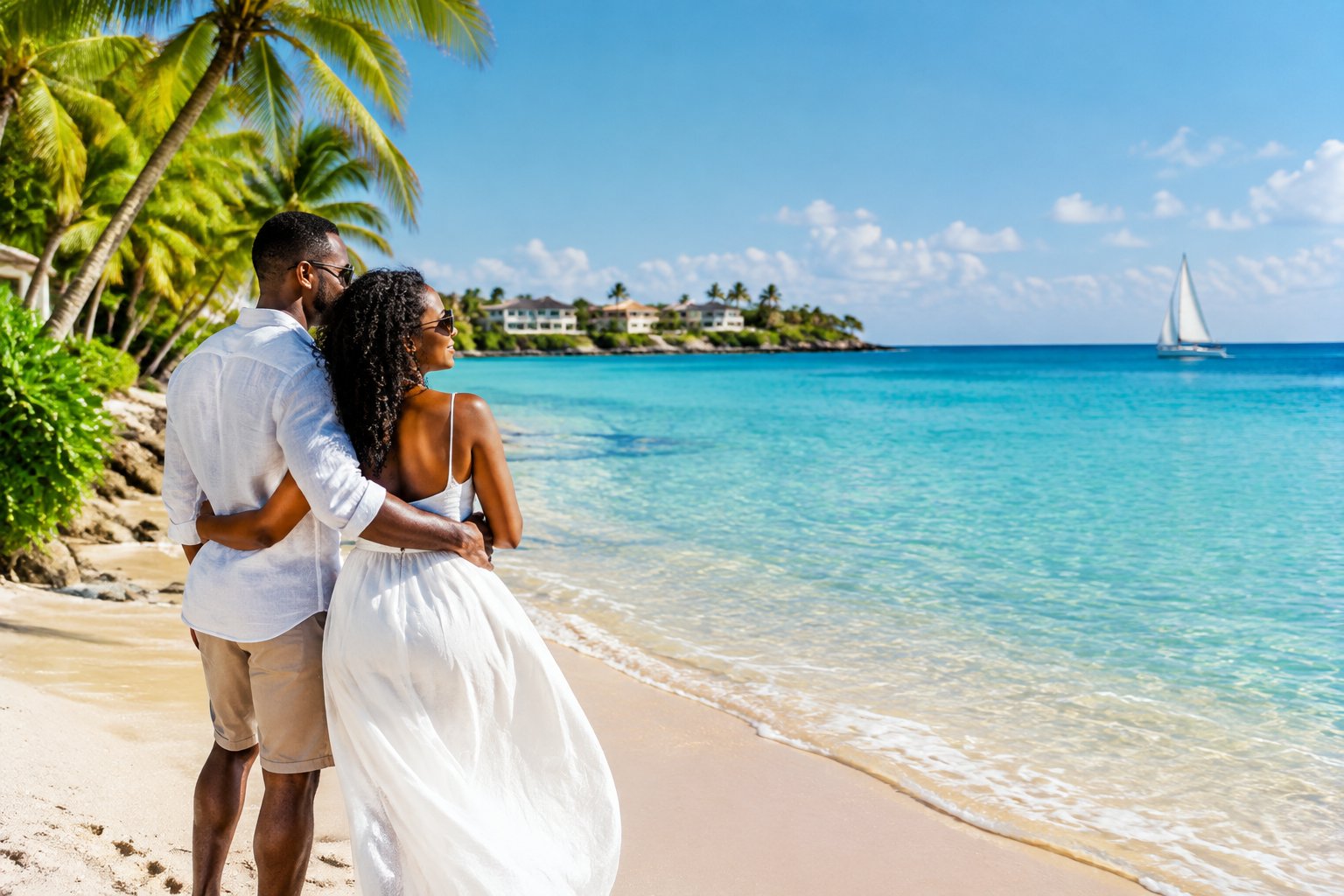 A newlywed couple stands together on a Caribbean beach, looking toward the turquoise sea.