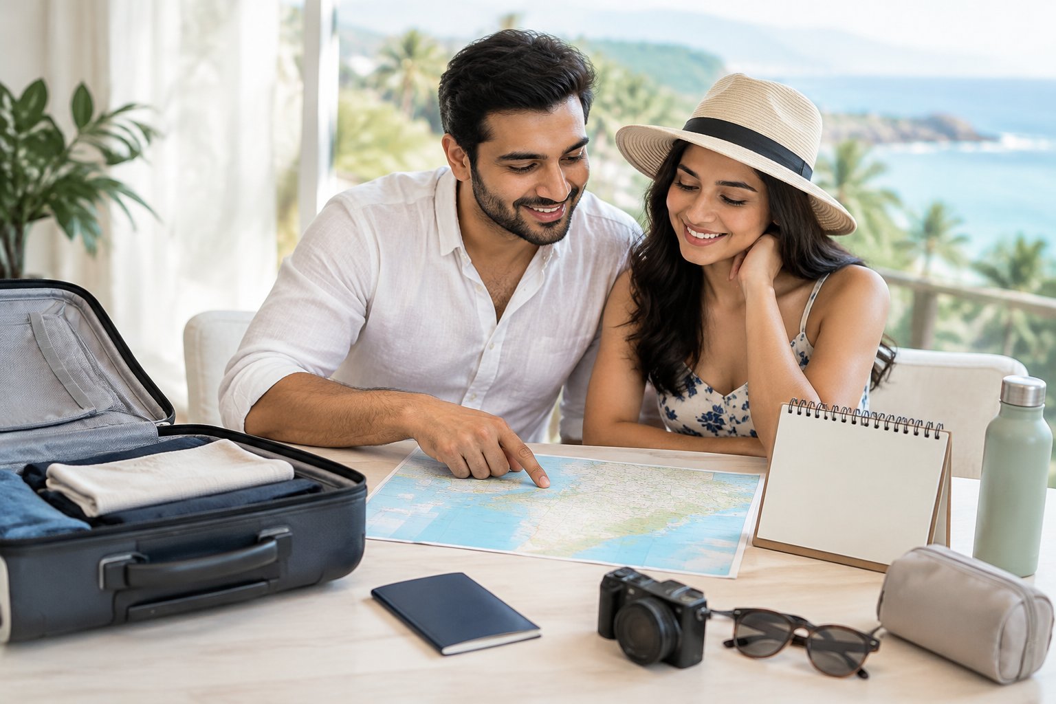 A newlywed couple plans a honeymoon trip together at a table with a suitcase, passport, and map.