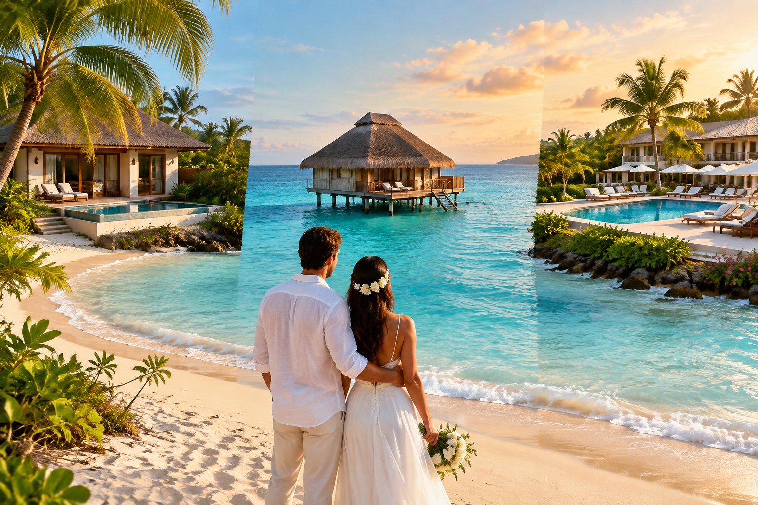 A newlywed couple looks toward several tropical resorts along a Caribbean beach.
