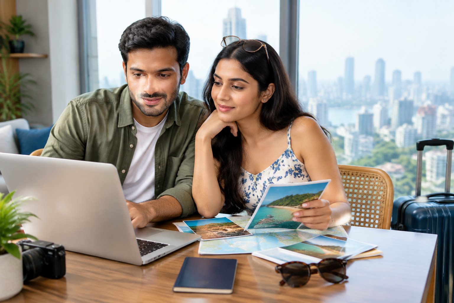 A Mumbai couple reviews travel options together on a laptop.