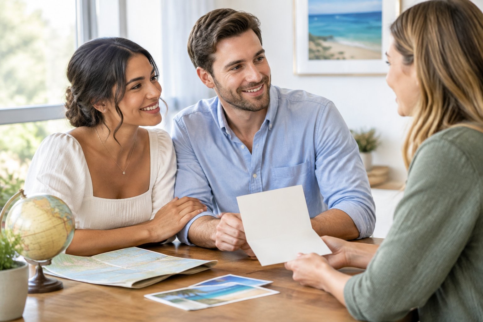 A newlywed couple warmly discusses a honeymoon fund with a family member.