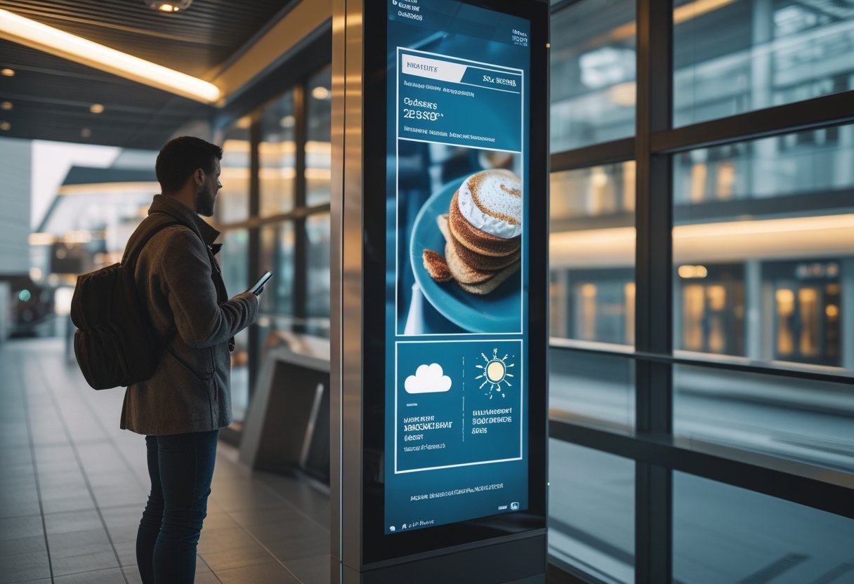 Seorang komuter melihat layar digital di area transit yang menampilkan gambar kopi dan pastry.