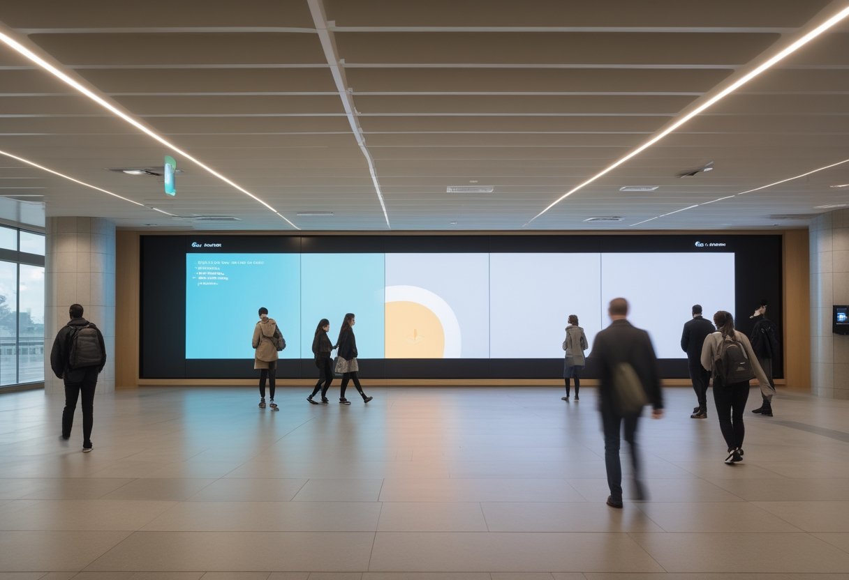 Orang-orang melewati layar digital di lobi modern dengan sensor terpasang di langit-langit.