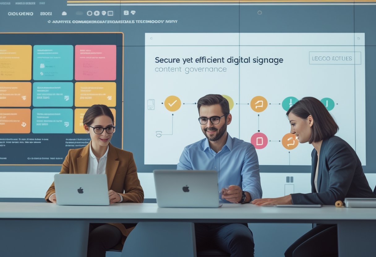 Tim komunikasi meninjau konten pada layar digital sambil memeriksa laptop dan tablet.