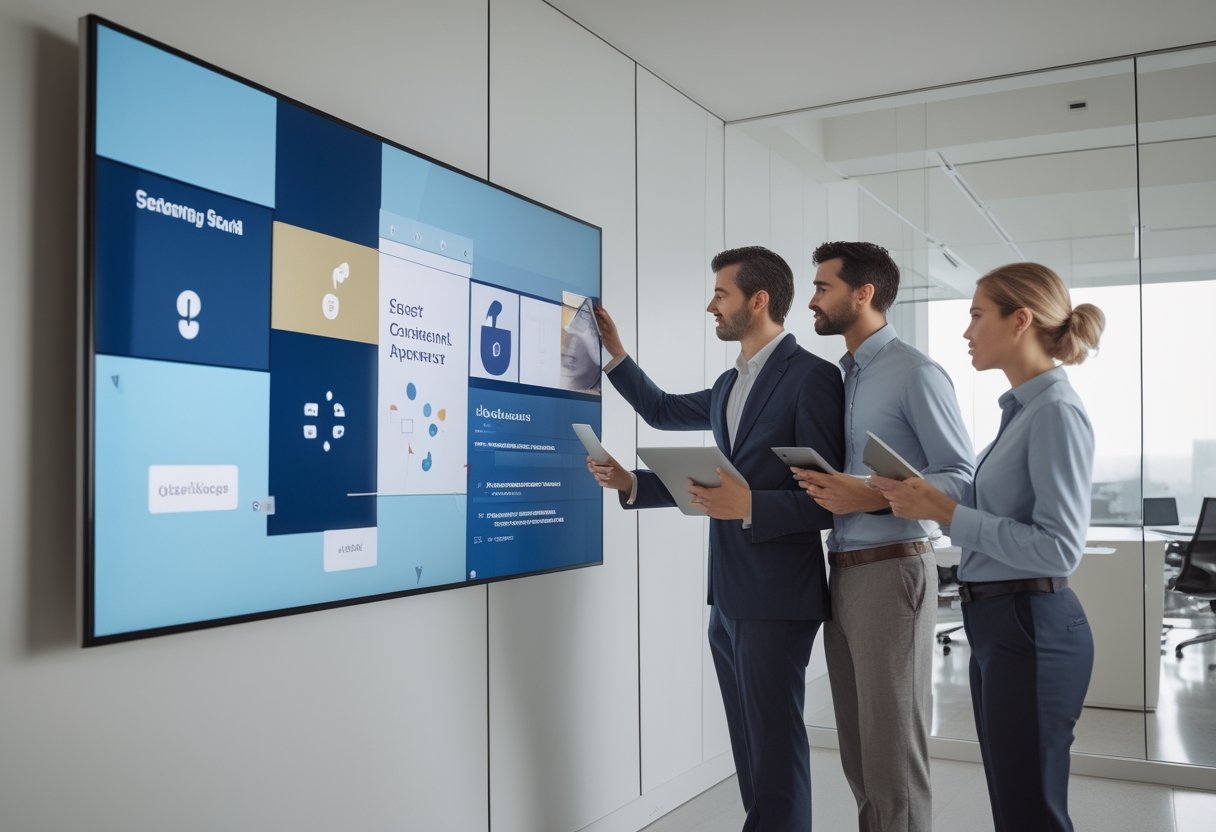 Tiga profesional bekerja sama mengelola konten pada layar digital di kantor.