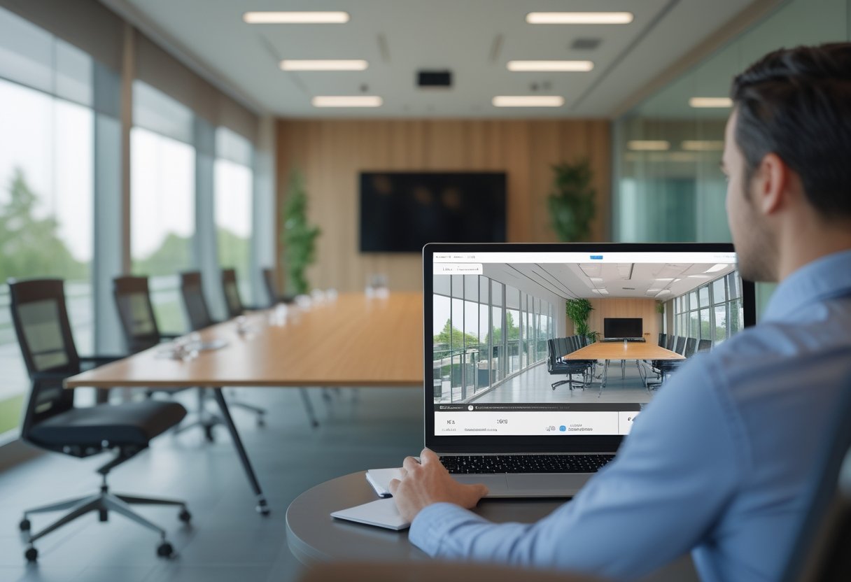 Seorang profesional menggunakan laptop untuk merancang tata ruang meeting room modern.