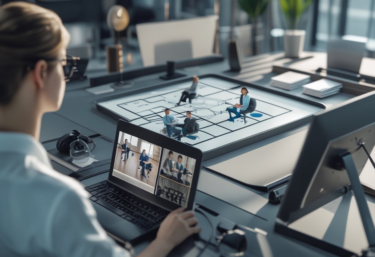 Seorang perancang menggunakan laptop untuk menata ruang rapat hybrid dengan layar konferensi dan peserta rapat.