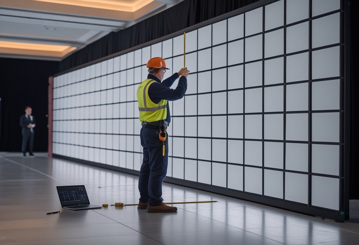 Teknisi mengukur susunan kabinet LED videotron yang sedang dipasang.