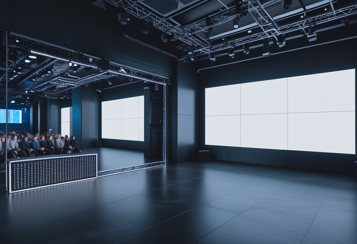 Penonton berada pada beberapa jarak dari layar LED besar di dalam aula.