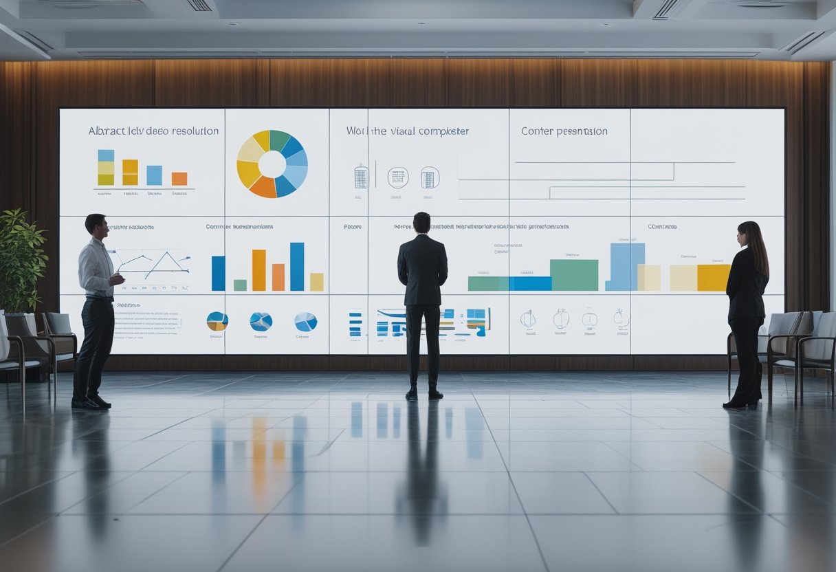 Presenter menunjukkan grafik pada layar LED besar kepada peserta rapat.