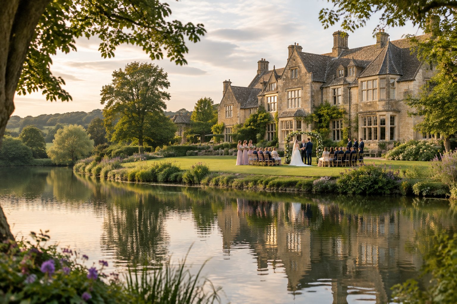 A wedding ceremony on the lawn beside a lakeside country house.