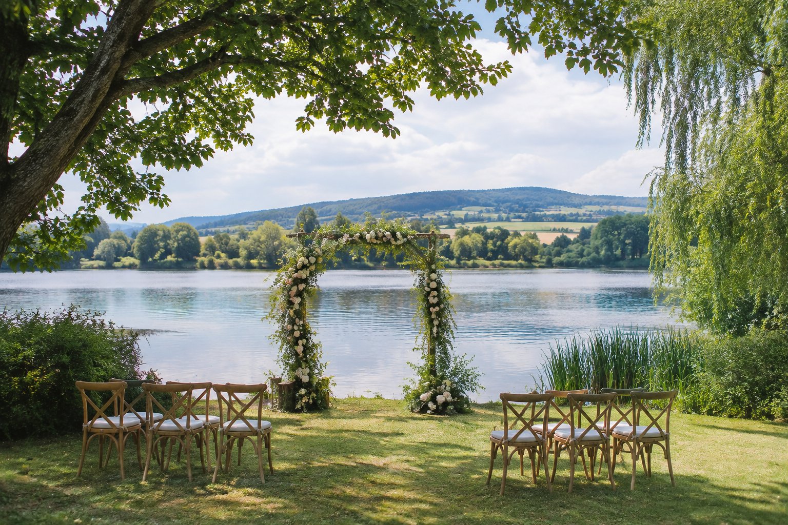 A wedding ceremony setup beside a calm lake surrounded by trees.