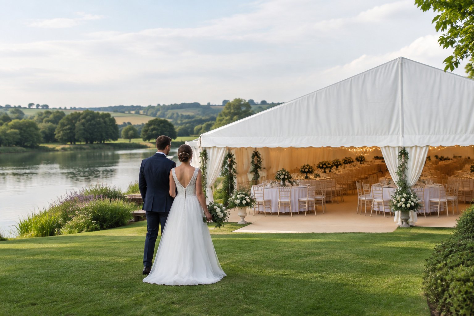 A couple views a decorated wedding marquee beside a lake.
