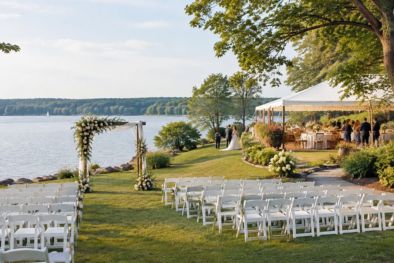 A wedding ceremony and reception setup beside a lake.