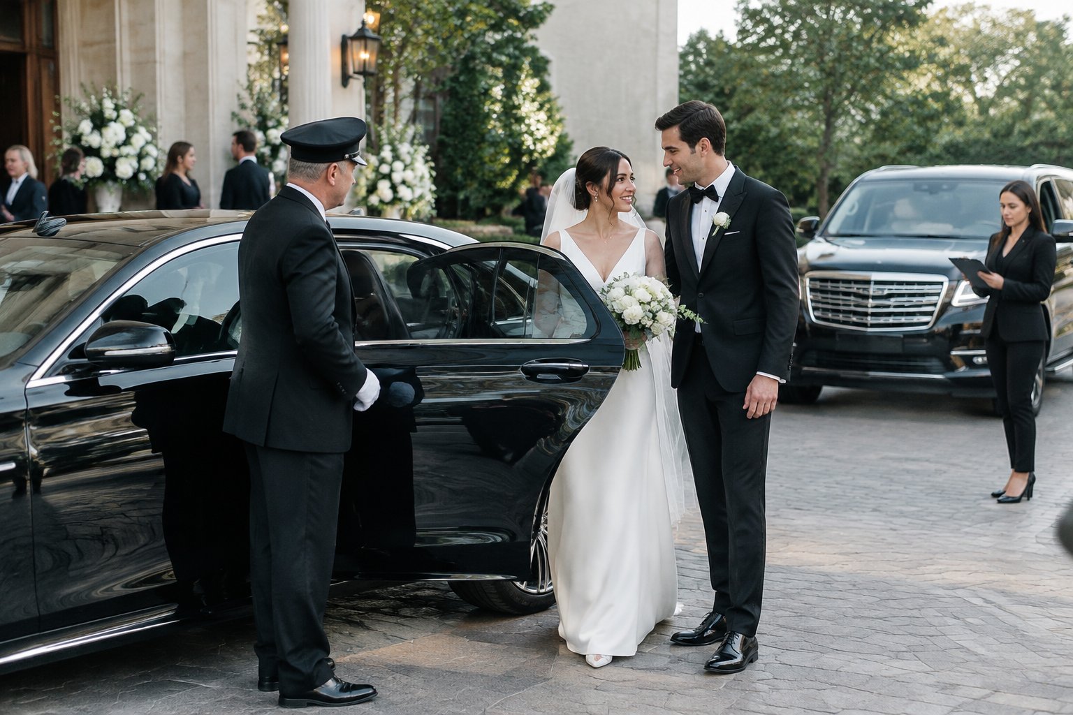 A chauffeur opens a luxury car door for a bride and groom outside a wedding venue.