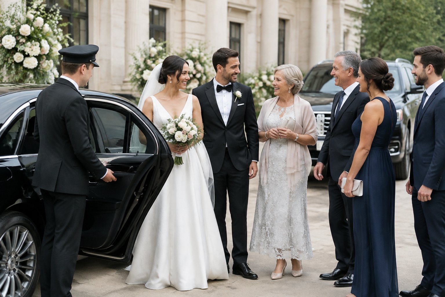 A newlywed couple, family members, and guests gather beside a luxury car outside a wedding venue.