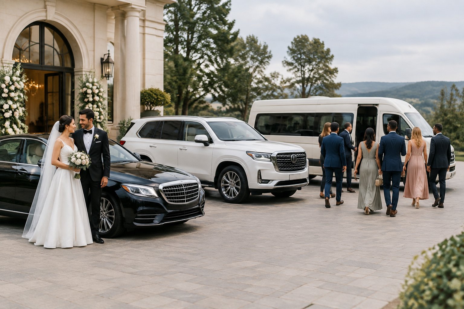 A bride and groom and wedding guests stand beside several luxury vehicles outside a wedding venue.