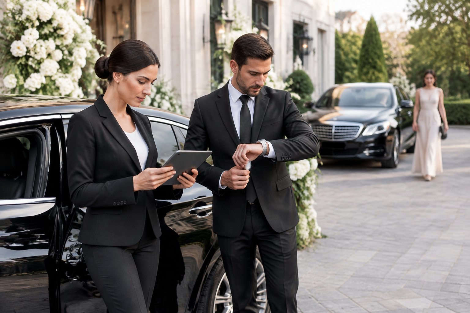 A transportation coordinator and chauffeur prepare a luxury car outside a wedding venue.