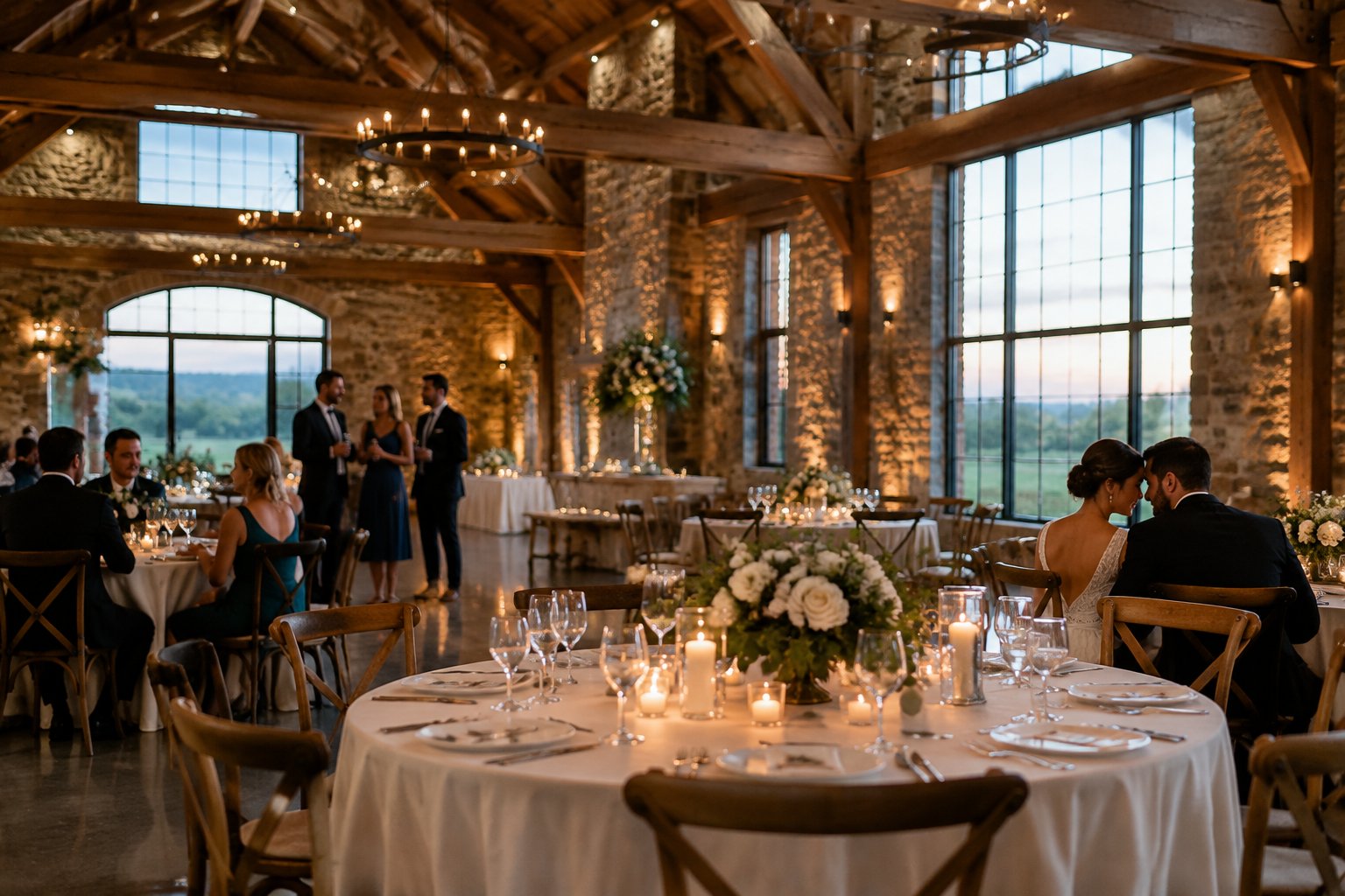 A couple and guests celebrate at an elegant reception in a countryside barn.