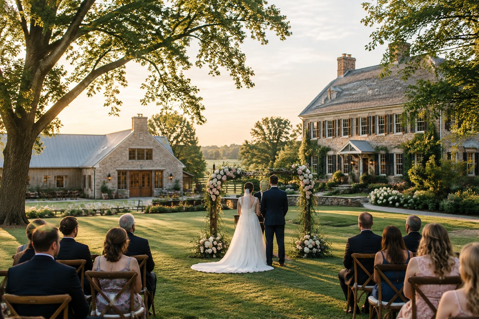 A wedding ceremony on the lawn of a countryside estate.
