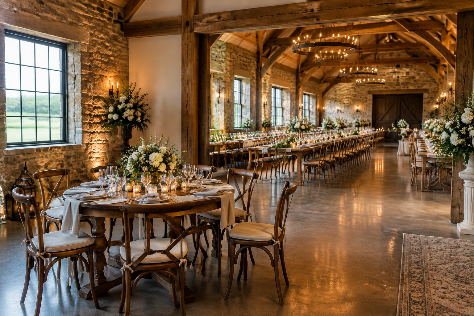 A stone countryside wedding venue arranged with tables and chairs for a reception.