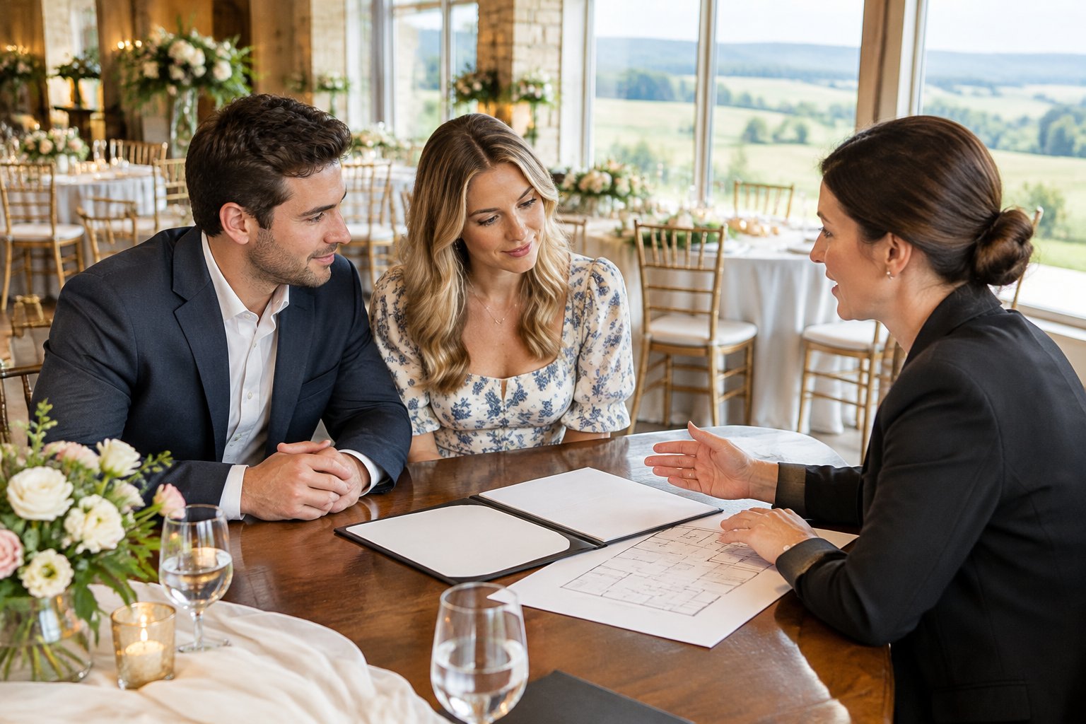 An engaged couple discusses wedding venue plans with a coordinator in an elegant reception room.