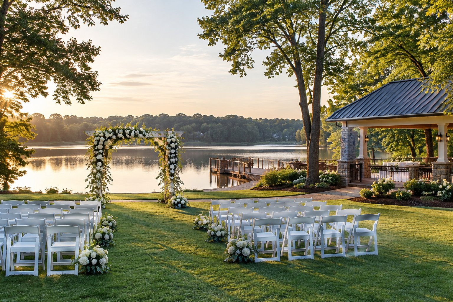 A wedding ceremony setup on a green lawn beside a calm lake.