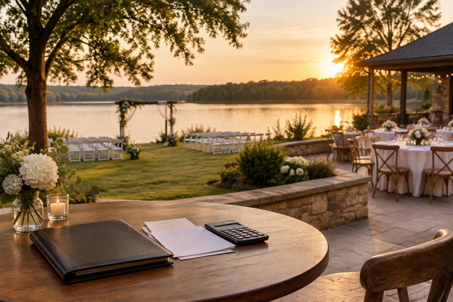 A wedding reception setup beside a lake with a calculator and papers on a nearby table.